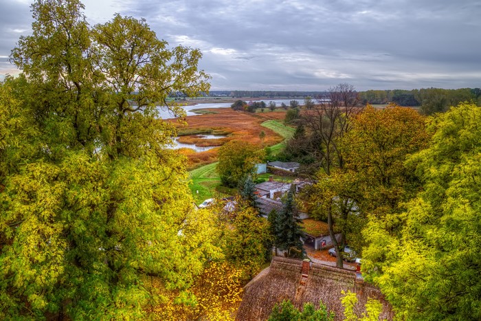 Houses and river in Gristow, Germany with autumn trees