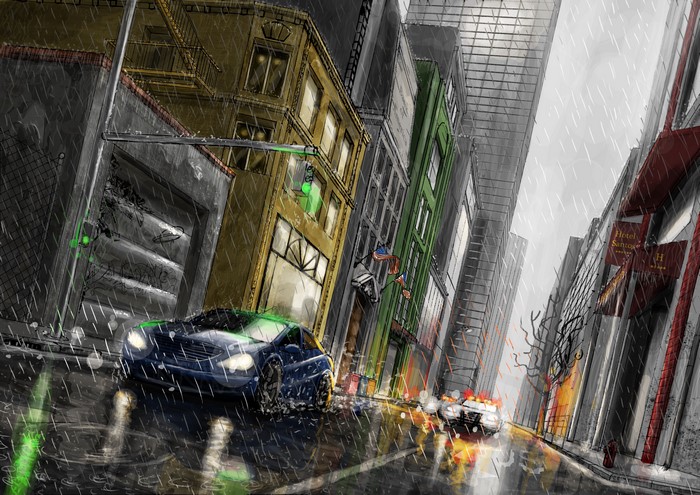 Rainy City Street with Cars