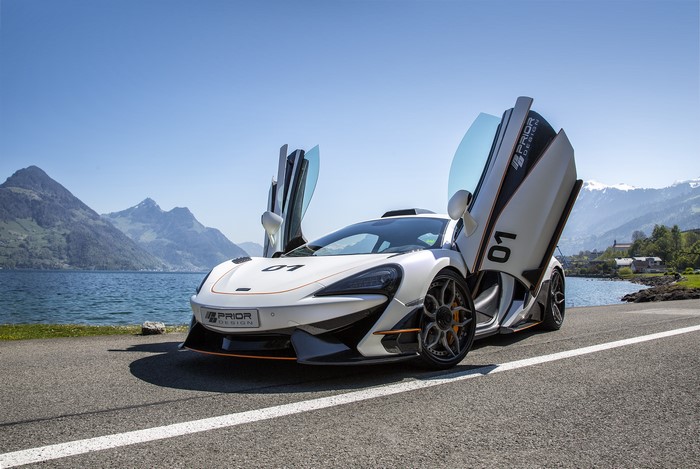 White McLaren 570S PD1 with opened doors by Prior-Design