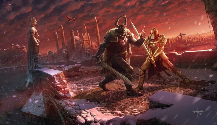 Two warriors fighting on a bridge with a city in the background