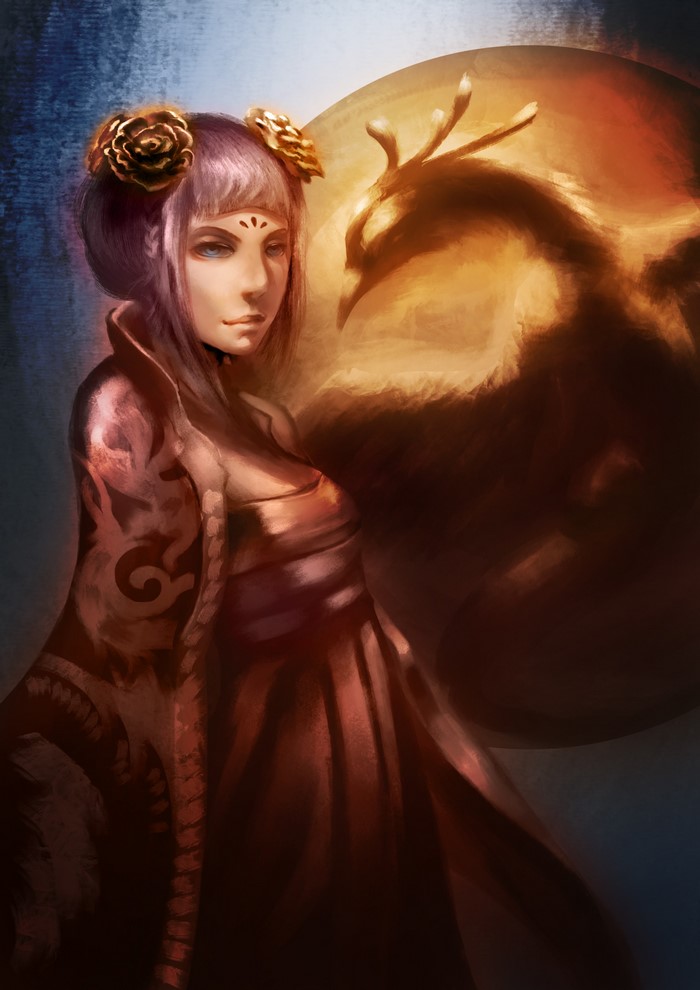Woman with Phoenix shadow and flowers in hair