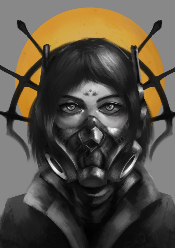 Woman with gas mask and halo