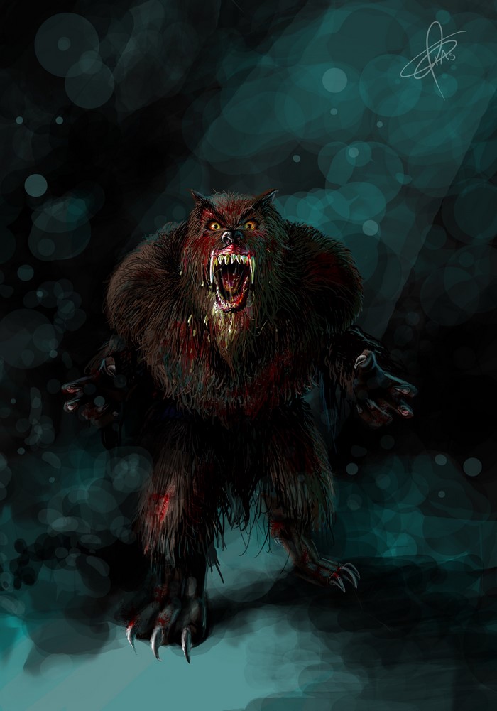 Bloody werewolf roaring in the dark
