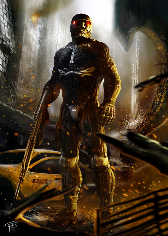 Crysis 2 Nanosuit warrior with rifle in destroyed city
