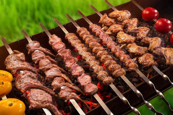 Grilled Shashlik Skewers Over Hot Charcoal
