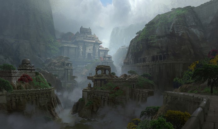 Uncharted: The Lost Legacy temples in a misty mountain valley