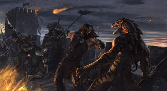Battle at a Castle with Orcs and a Lizardman