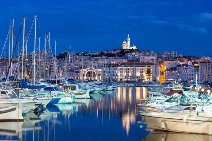 Marseille Marina at Night with Notre-Dame de la Garde