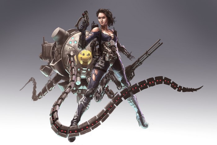 Silvia with a mechanical spider-like suit and weapons