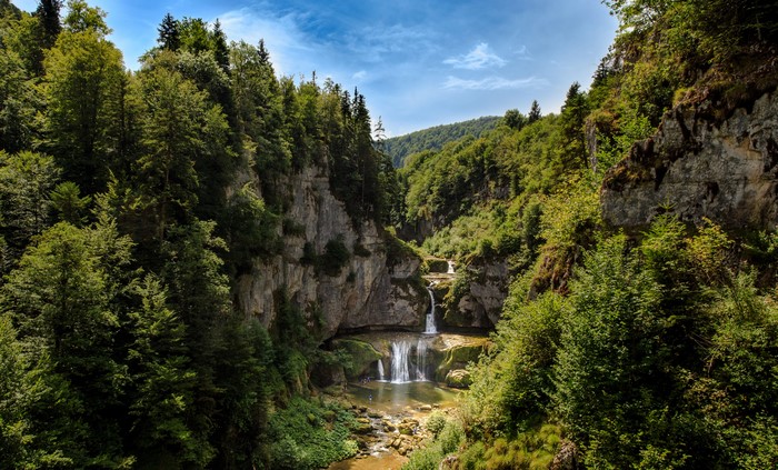 Waterfalls cascading through a forested gorge with rocky cliffs