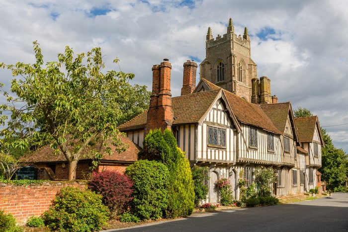 Tudor houses and church in Stoke By Nayland, Suffolk, UK