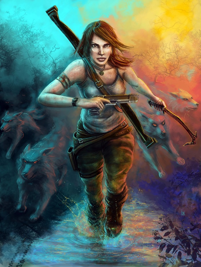 Lara Croft from Tomb Raider 2013 fighting wolves