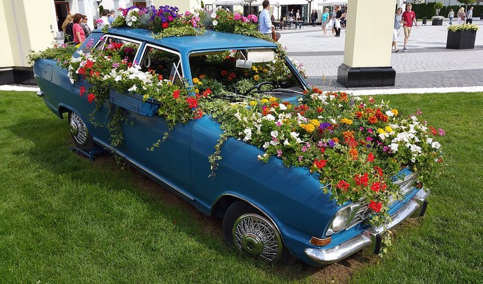 Blue car filled with colorful flowers
