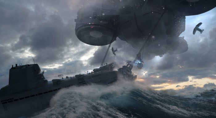 Submarines and airship in stormy seas, Wolfenstein II