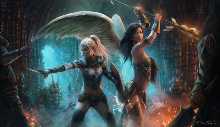 Two female warriors fighting demons