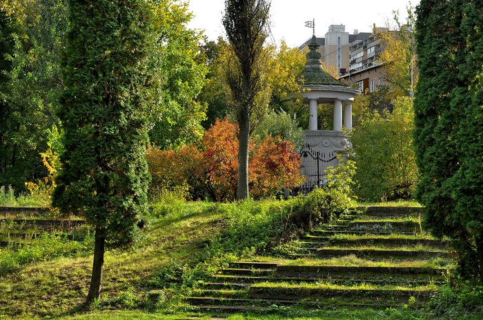 Park with gazebo and stairs in Moscow, Russia