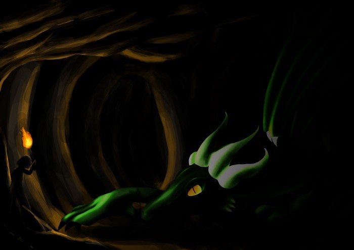A person with a torch encounters a dragon in a cave
