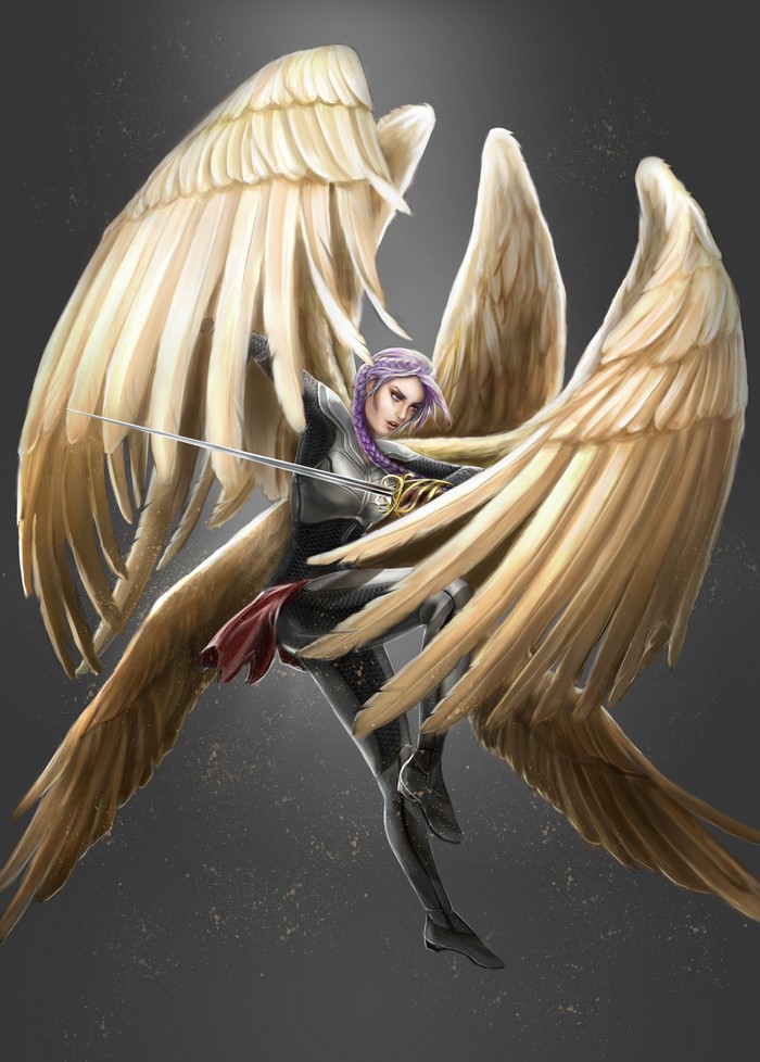Angel warrior with sword and large wings