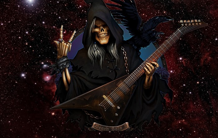 Grim Reaper playing a V-shaped guitar in space