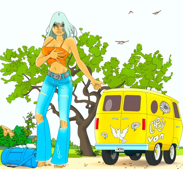 Girl with a flower on her face and a yellow van