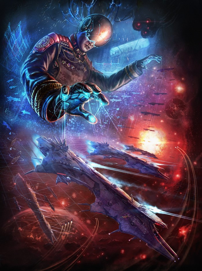 Commander controlling a space battle with holographic interface