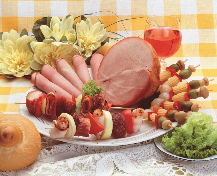 Ham, Shashlik, Wine, and Vegetables on a Plate