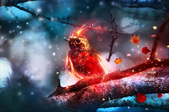 Magical fiery bird on a branch