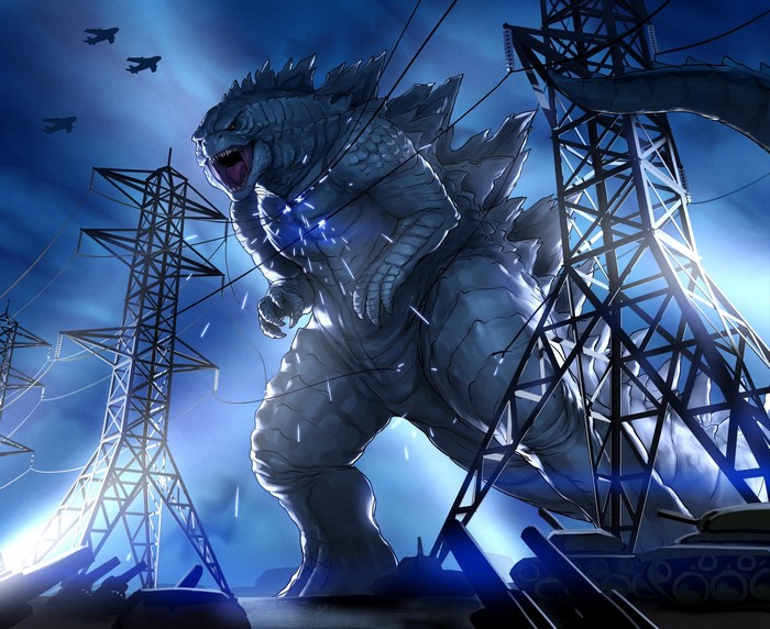 Godzilla and power lines with military tanks and planes