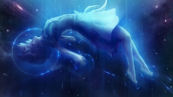 Girl floating in space with galaxies