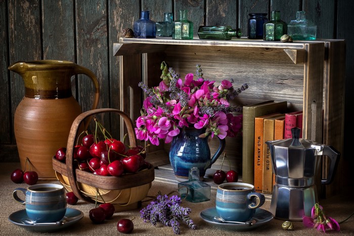 Still-life with cherries, coffee, and flowers