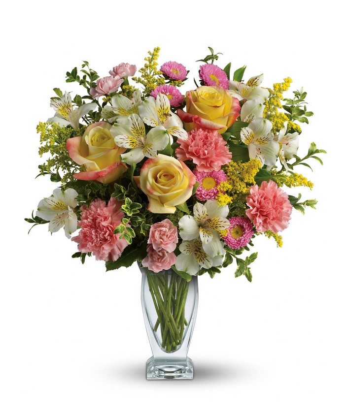 Yellow Roses and Pink Carnations Flower Bouquet in Vase