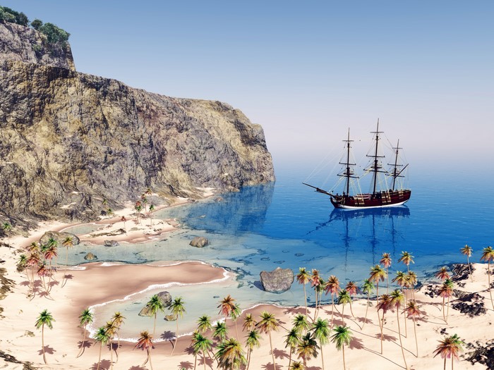 Sailing Ship near a Rocky Coastline with Palm Trees