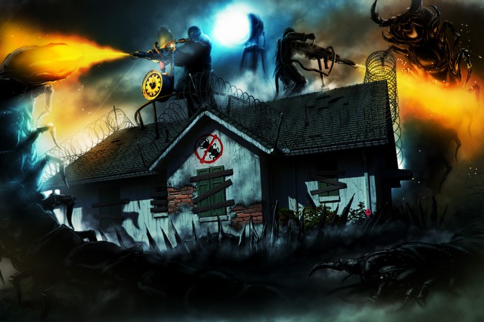 Soldiers fighting monsters on a house roof