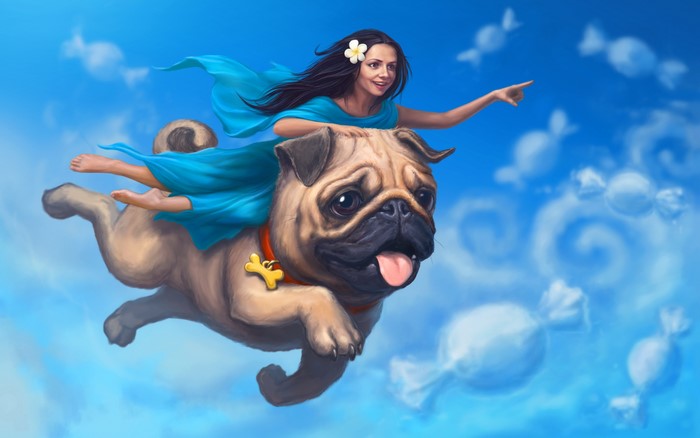 Girl riding a pug through the sky with candy clouds