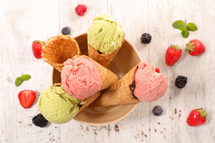Ice cream cones with strawberries and blackberries