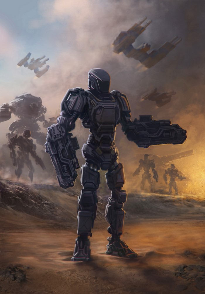 Giant robot with weapons in a desert landscape