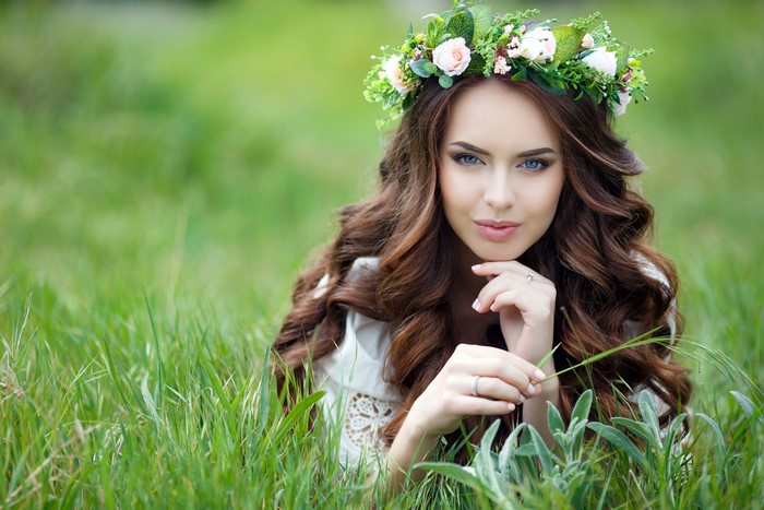 Woman with Flower Crown in Grass