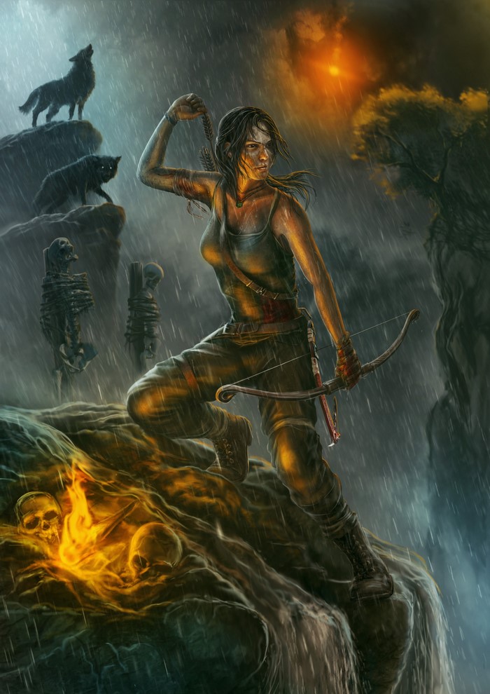 Lara Croft from Tomb Raider in the rain with wolves