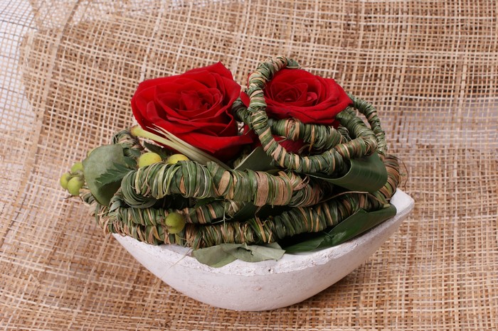 Two Red Roses in a White Bowl Arrangement