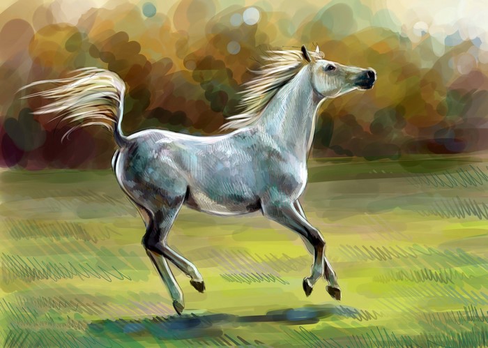 Painting of a white horse running in a field