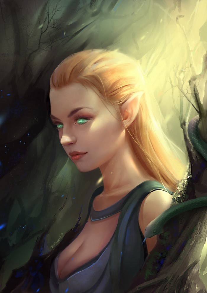 Blonde elf girl with green eyes in a forest