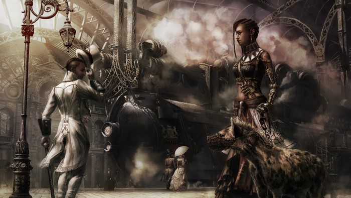 Steampunk train station with people and hyena