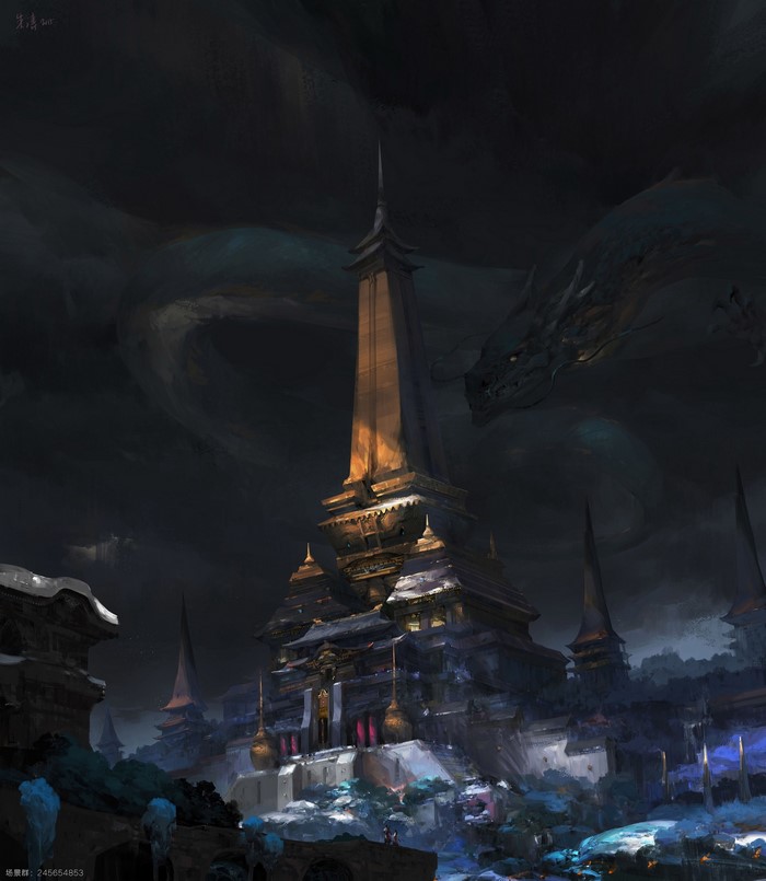 Dragon flying over a dark fantasy tower at night