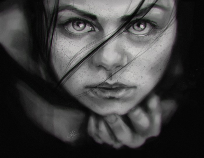 Black and white close-up portrait of a woman