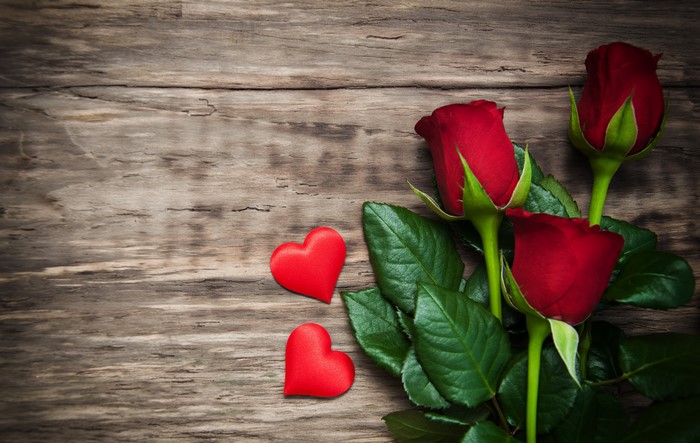 Red Roses and Hearts on Wood