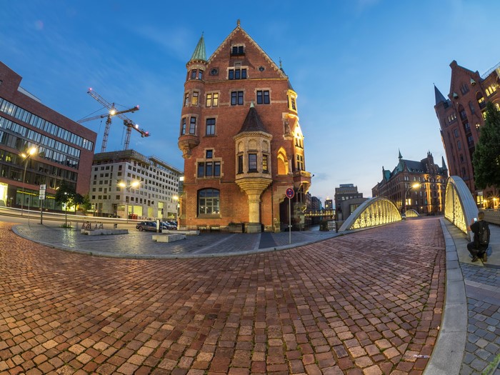Speicherstadt Hamburg Germany at Dusk with Bridge