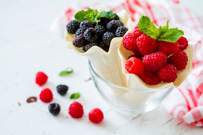 Raspberries and Blackberries in Waffle Cones