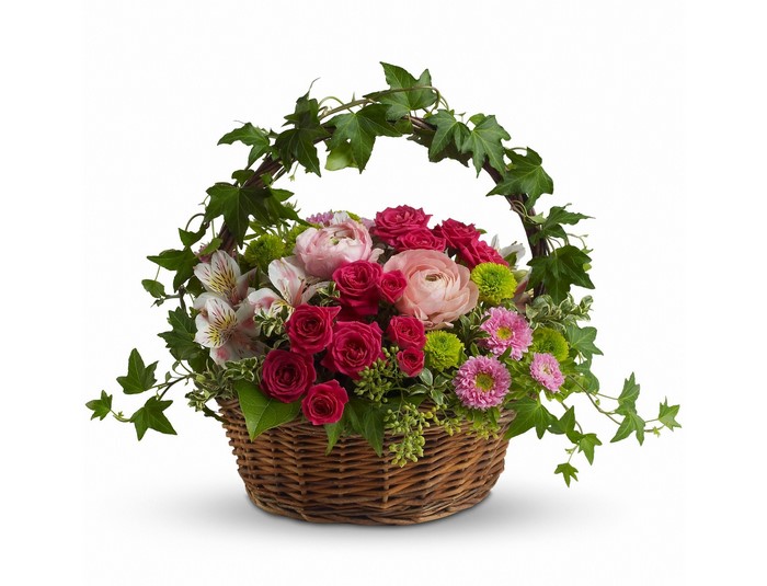 Flower basket with roses and ivy