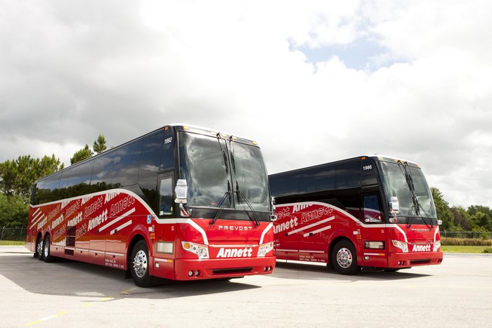 Two red Prevost H3-45 buses