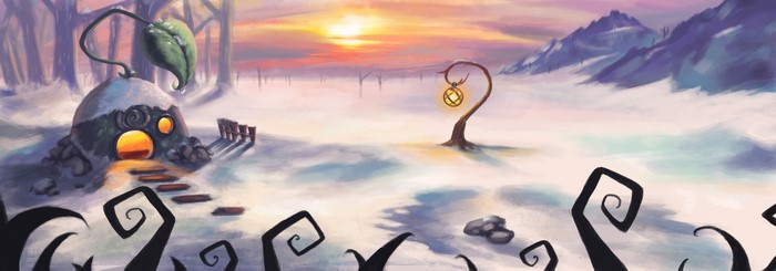 Fantastic world snow landscape with a house and a lantern tree